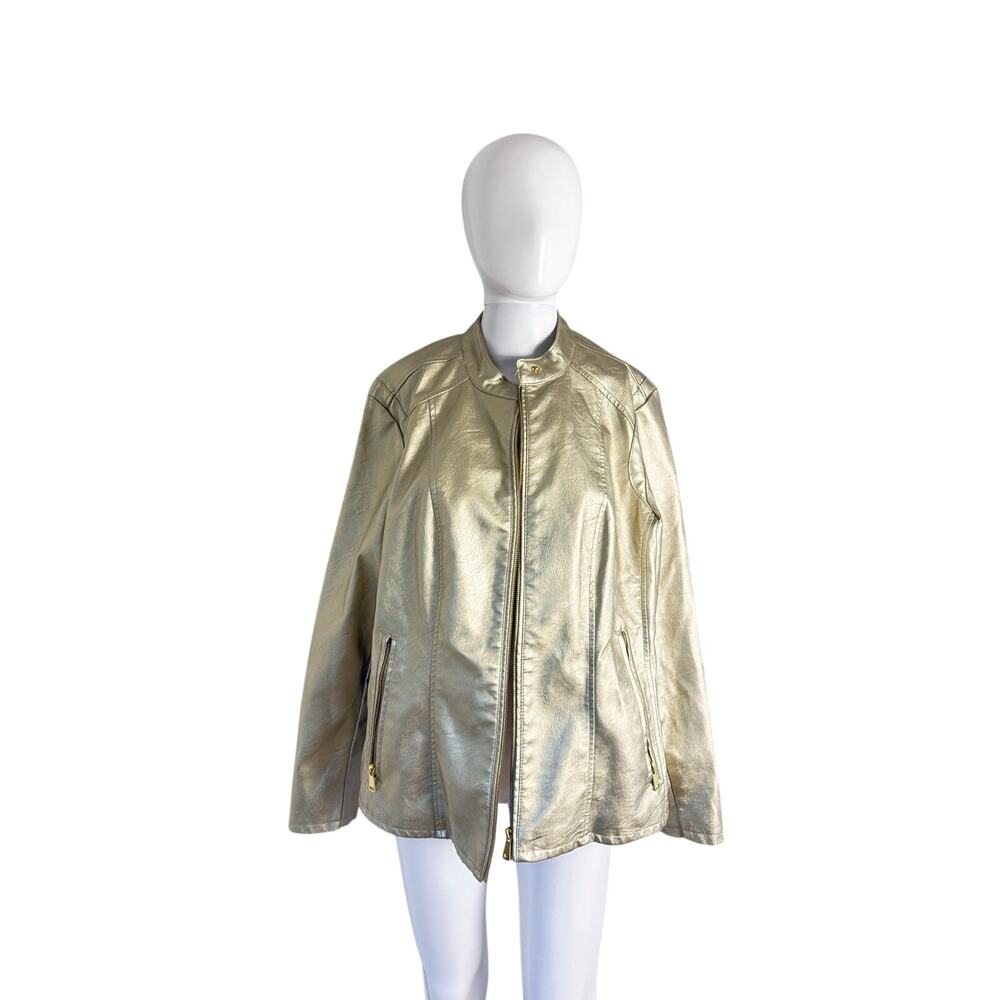 Baccini Metallic Gold Faux Leather Zip-Up Moto Jacket Plus Size 1X